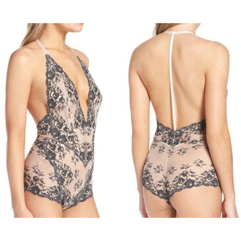 27- NWOT FREE PEOPLE Too Cute To Handle Nude Lace Bodysuit Cami Tank Top sz XS